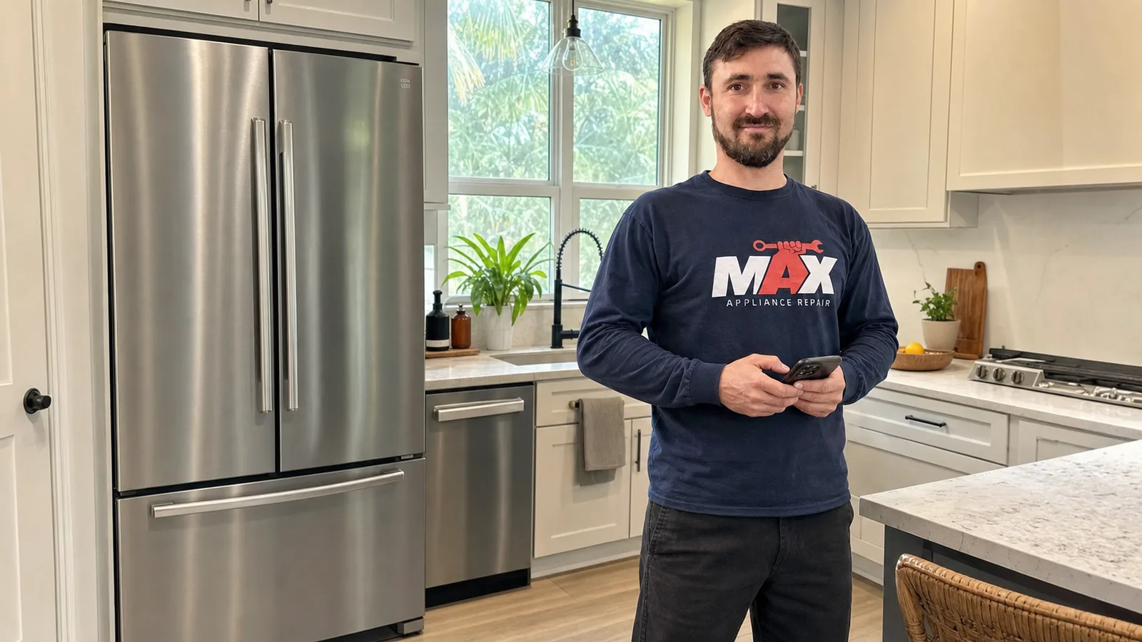 Max Appliance Repair Tampa technician holding a phone in a kitchen