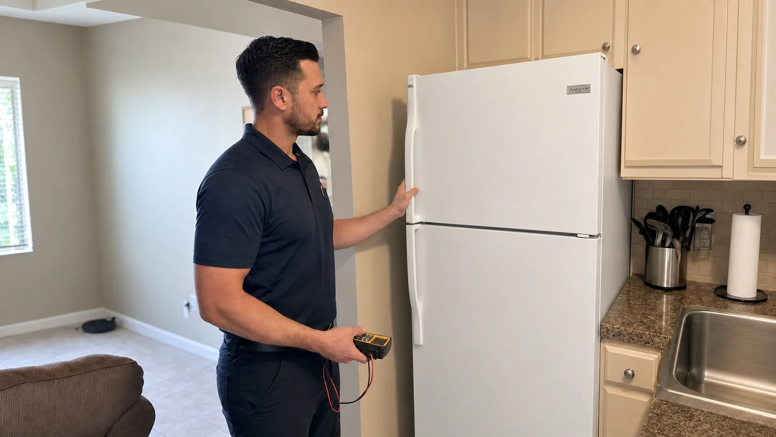 Technician inspecting a clean older Amana top-freezer refrigerator in a Tampa kitchen