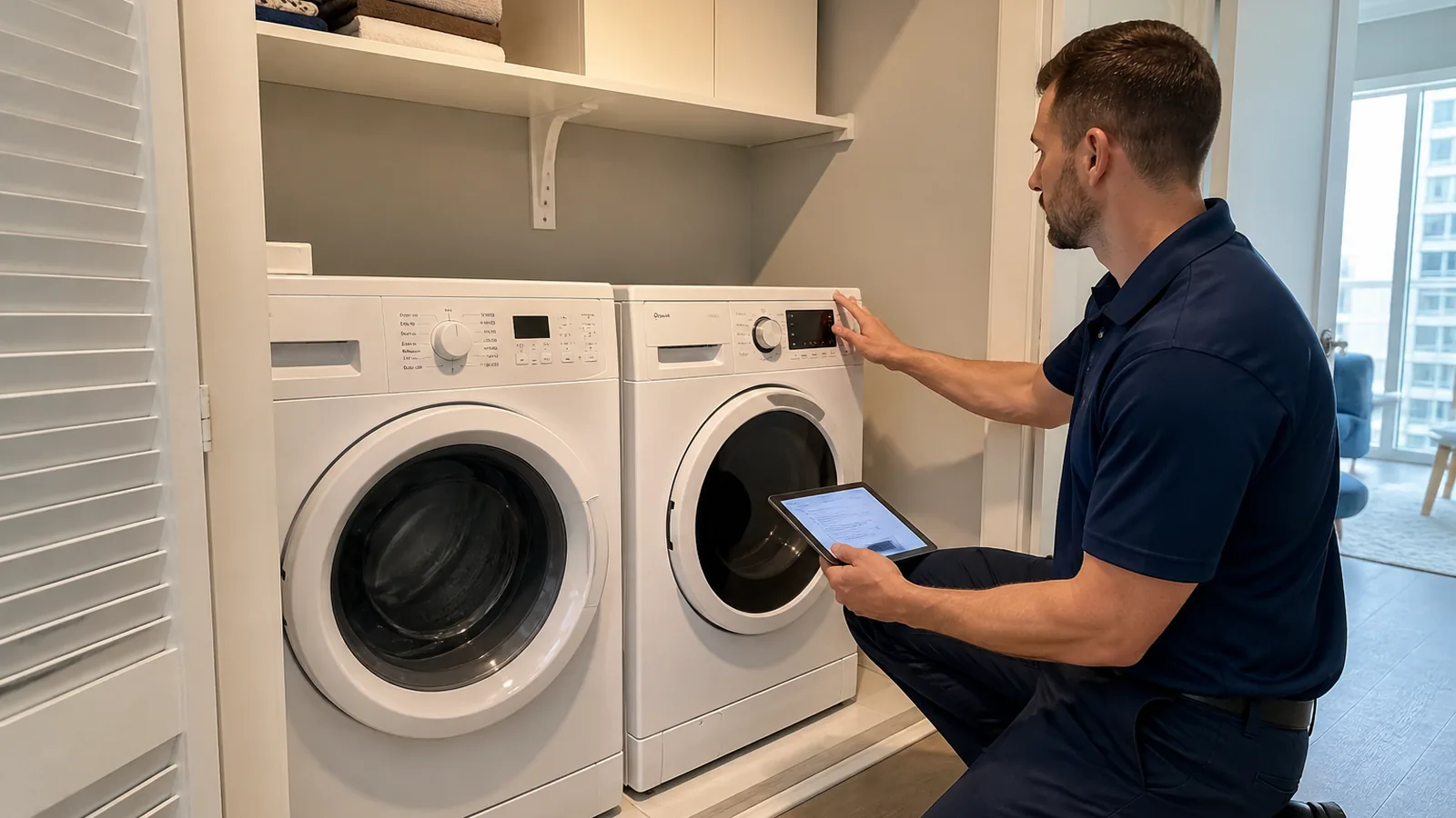 Technician checking a compact washer and ventless dryer installation for Blomberg appliance repair in Tampa