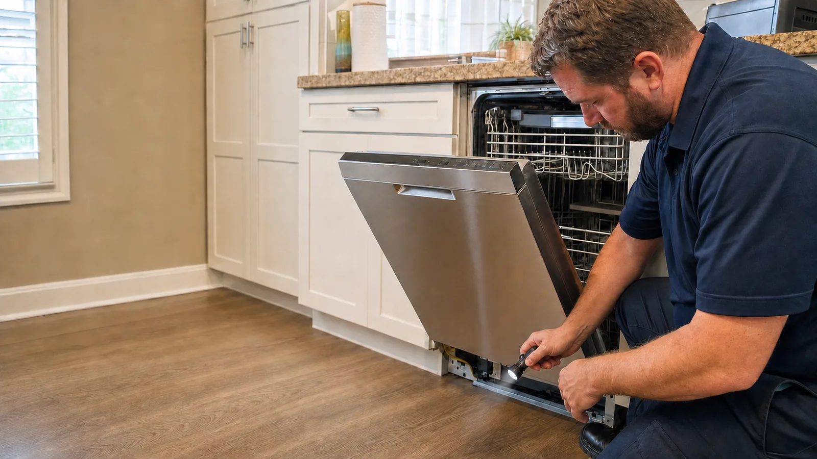 Technician inspecting an older stainless-steel dishwasher in a clean Tampa kitchen