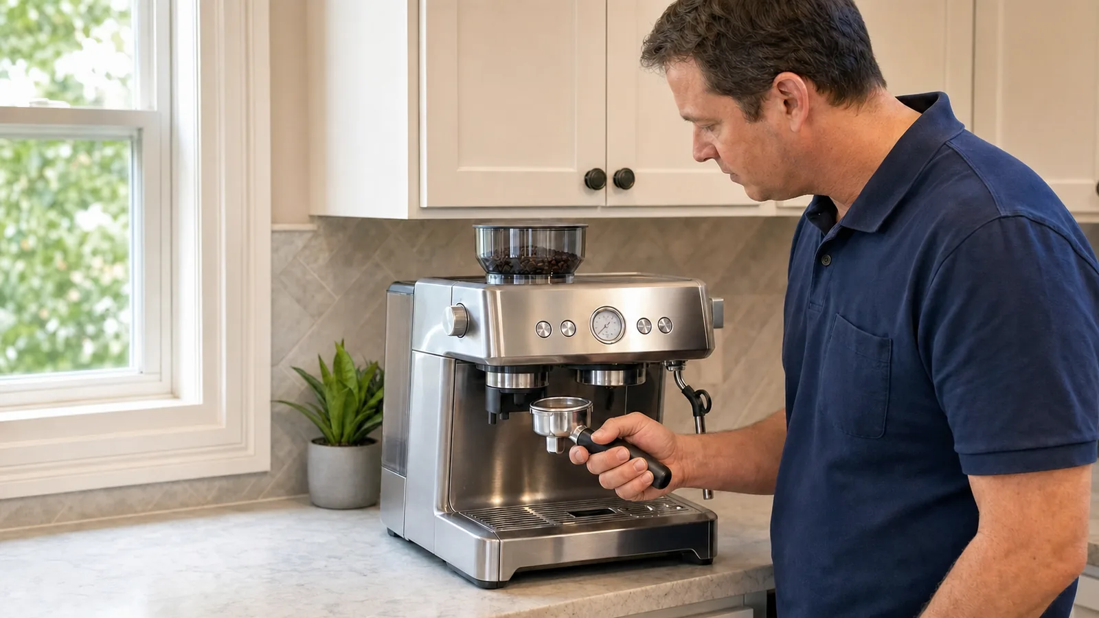 Technician inspecting a home espresso machine with an integrated grinder in a Tampa kitchen
