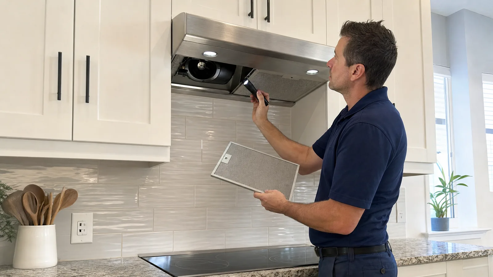 Technician inspecting the blower behind a filter on an older under-cabinet range hood in a Tampa kitchen