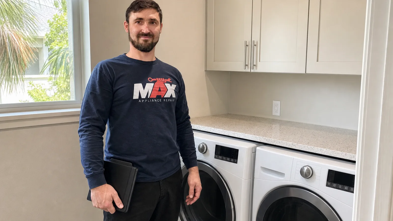 Max Appliance Repair technician beside laundry appliances in Clearwater