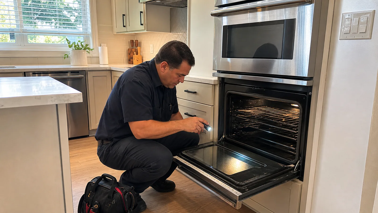 Technician inspecting an older built-in combination wall oven in a clean Tampa kitchen