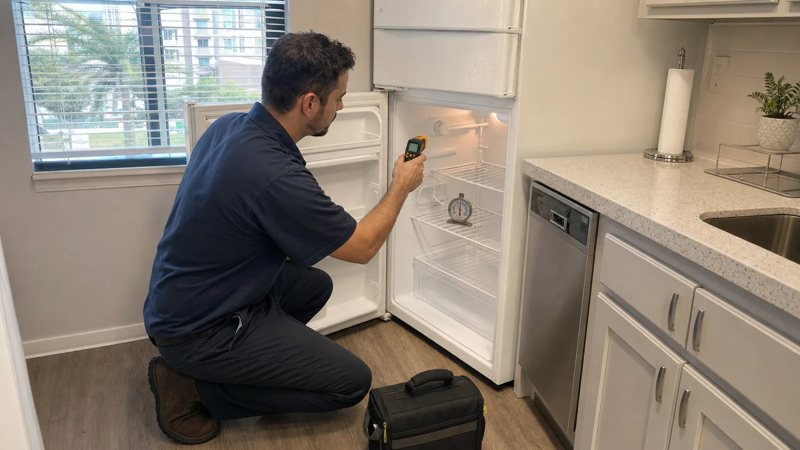 Technician checking the temperature inside an older compact apartment refrigerator in a Tampa condo kitchen