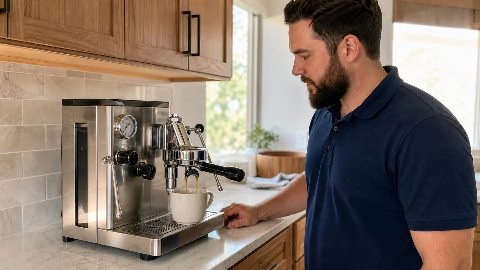 Technician checking an E61-style home espresso machine in a Tampa kitchen