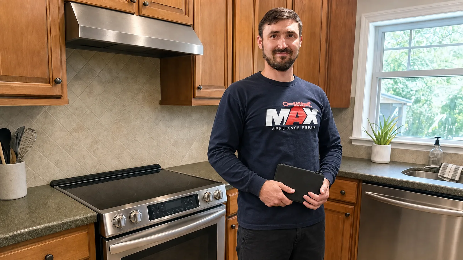 Max Appliance Repair technician standing naturally beside a range in a Dunedin kitchen