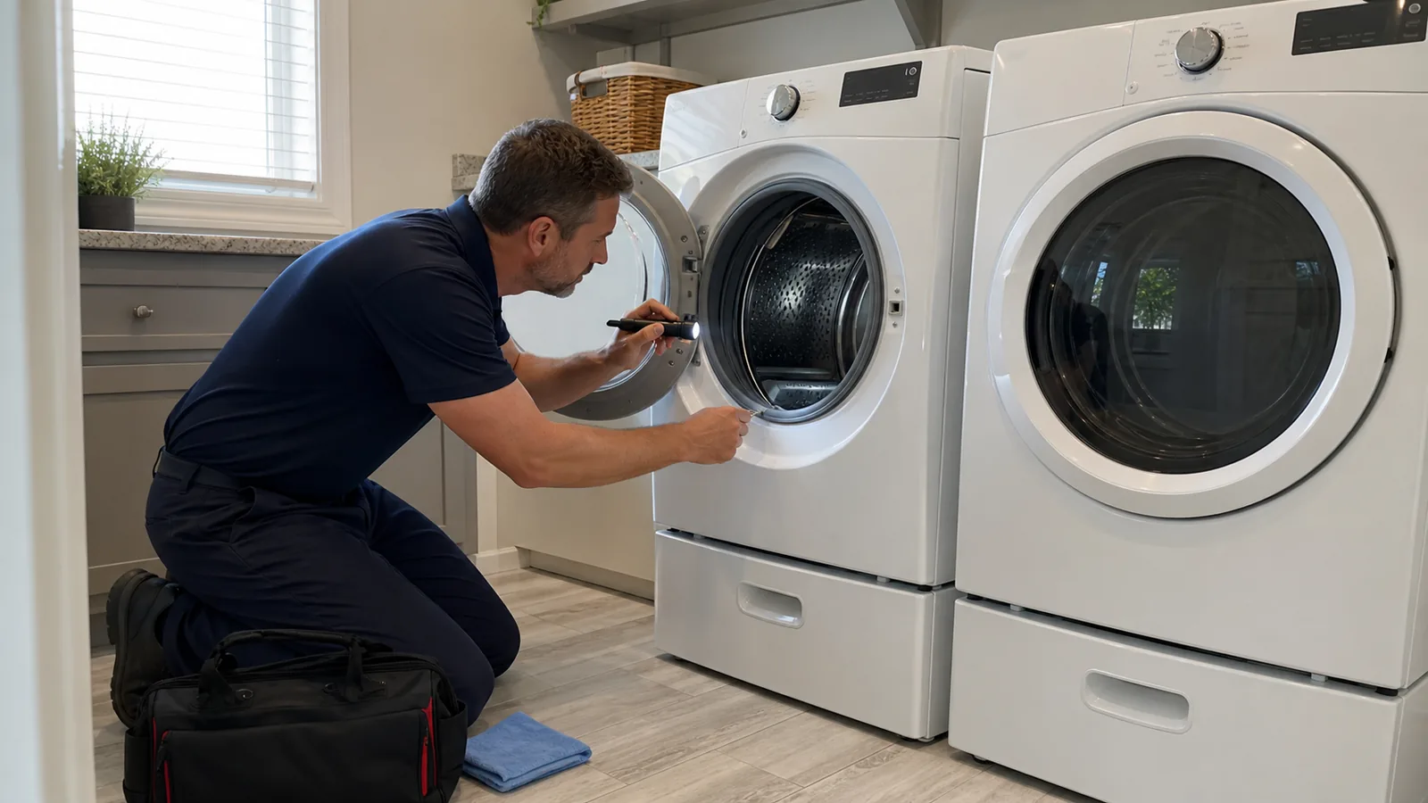Technician inspecting the door gasket and latch on an older front-load washer in a clean Tampa laundry room