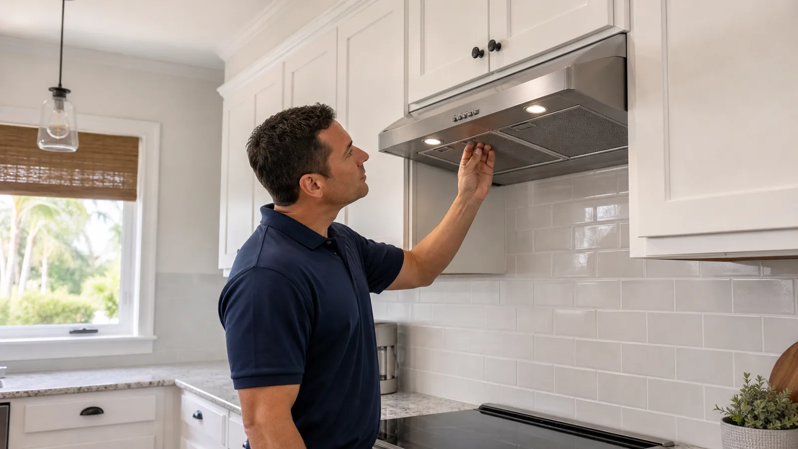 Technician inspecting a stainless steel Faber-style range hood in a clean Tampa kitchen