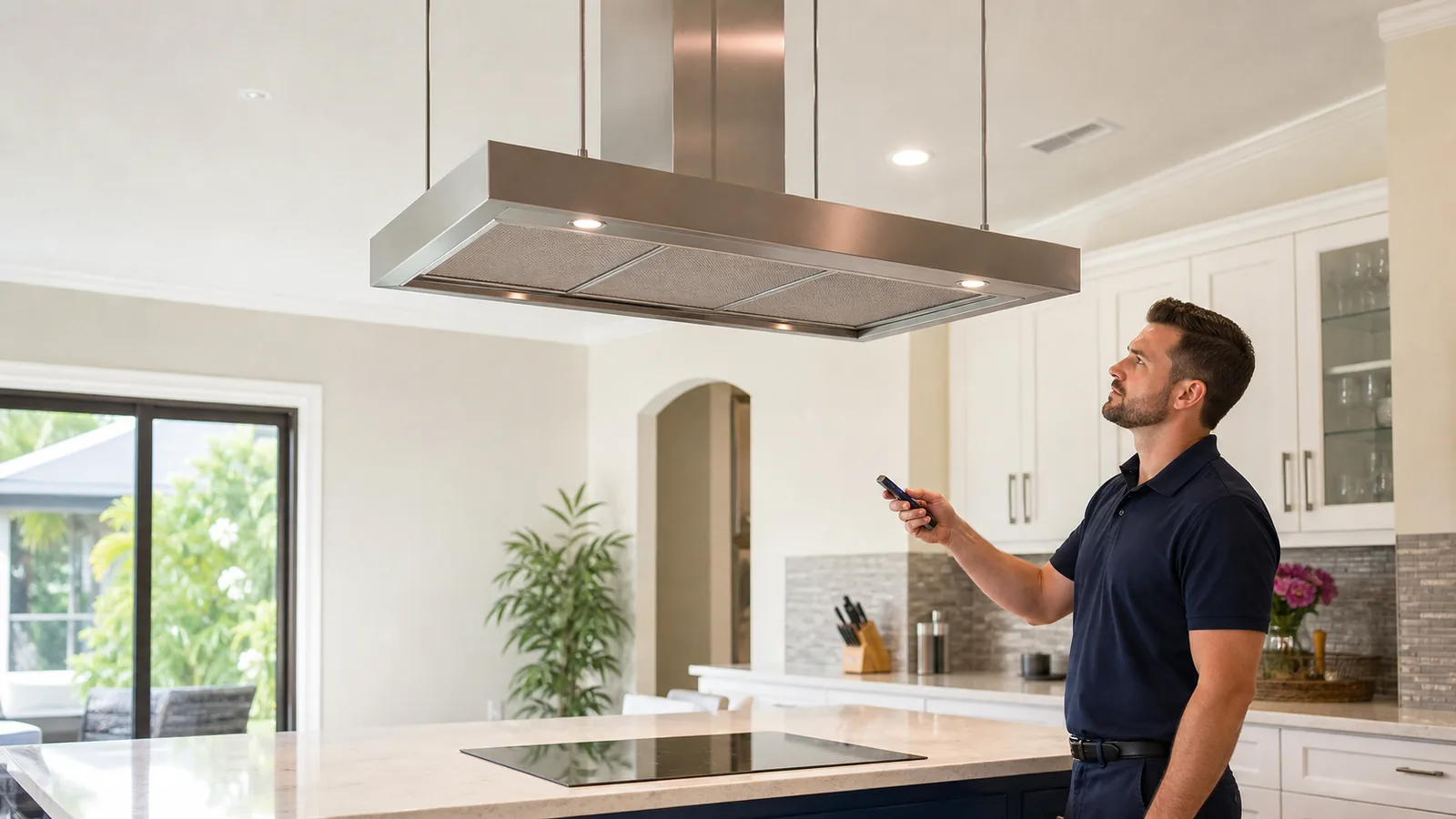 Technician testing a suspended stainless steel island range hood in a Tampa kitchen