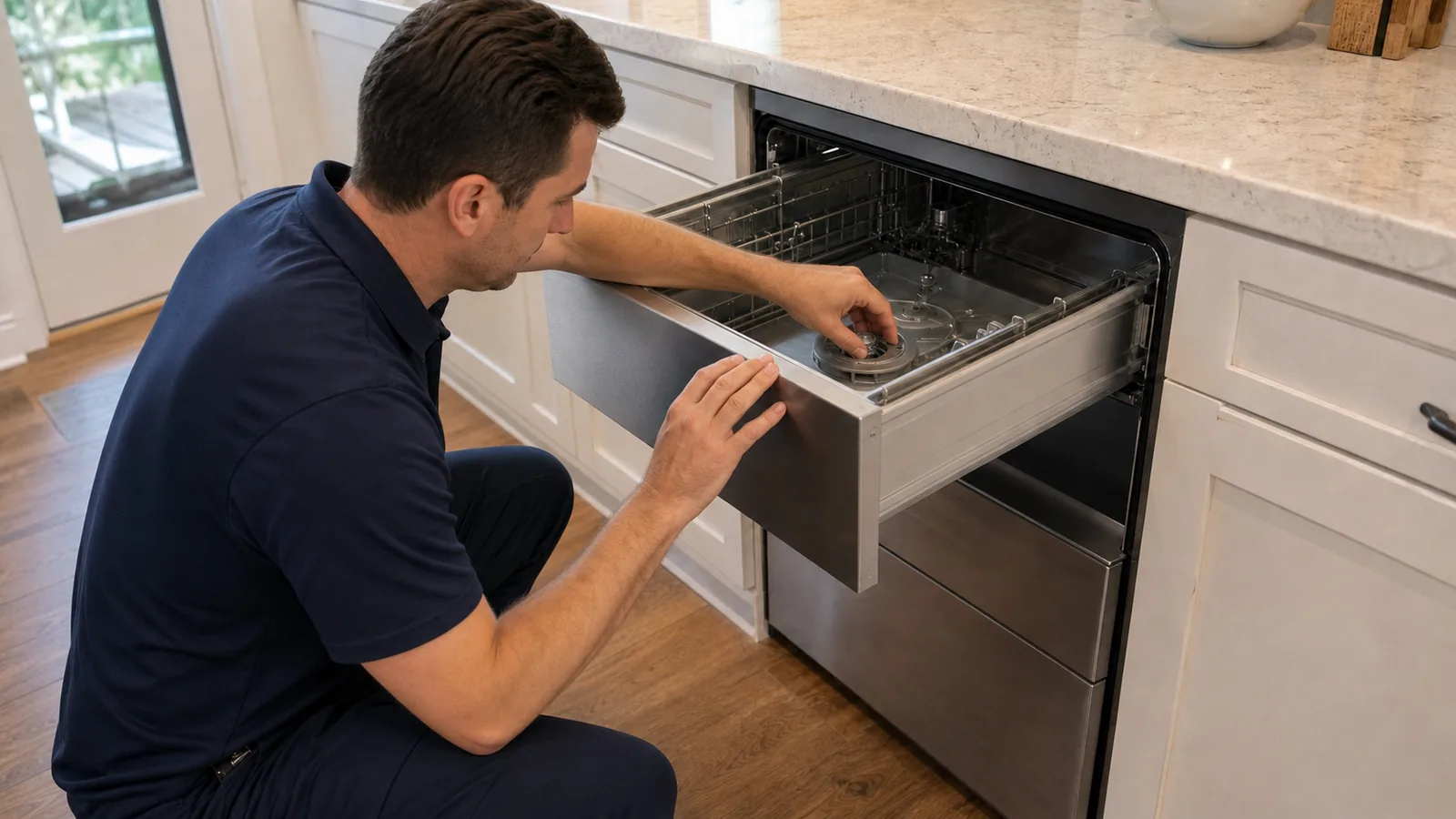 Technician checking the filter plate inside an older double DishDrawer dishwasher in a clean Tampa kitchen