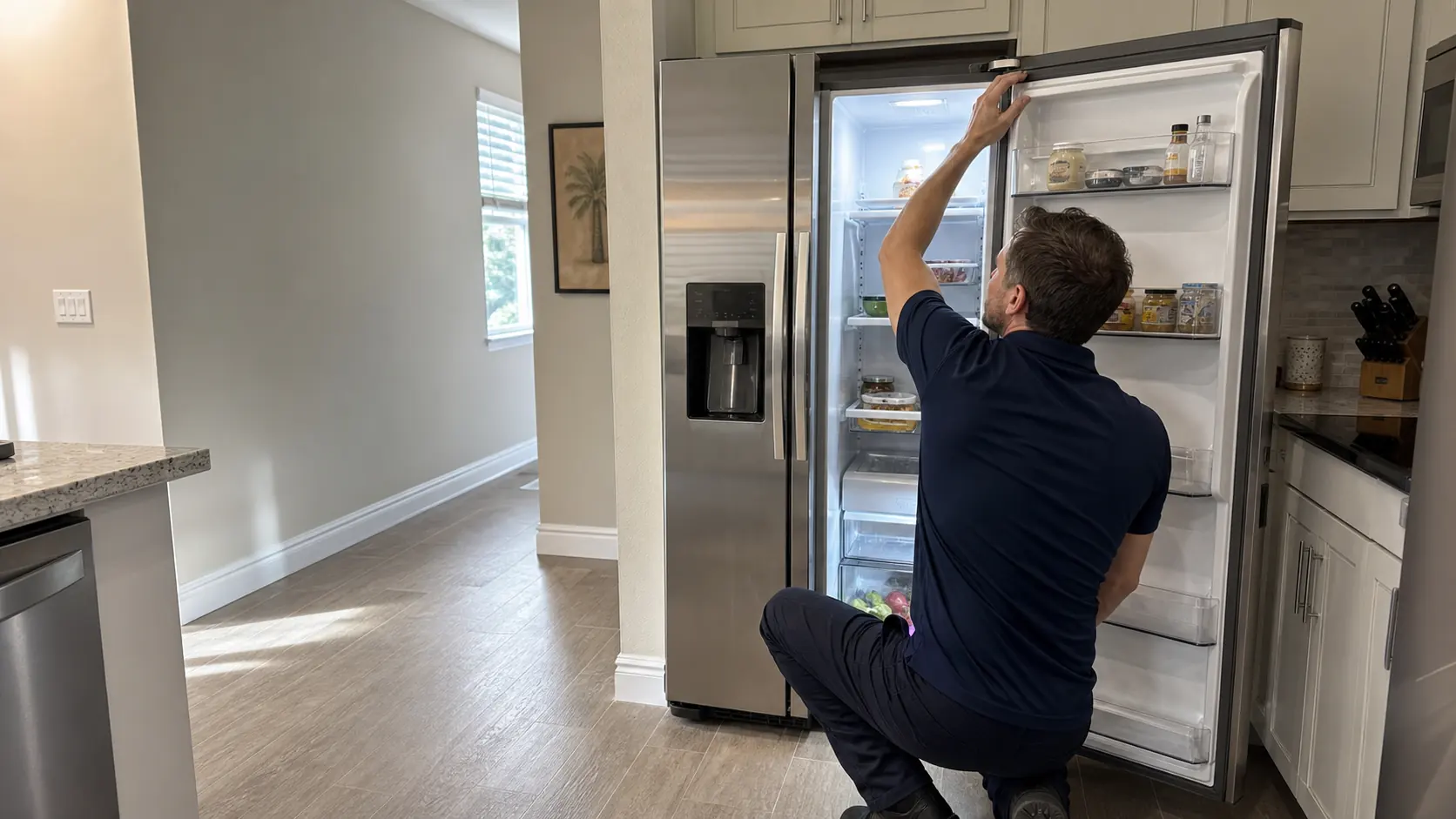 Technician checking the door gasket on an older side-by-side refrigerator in a clean Tampa kitchen