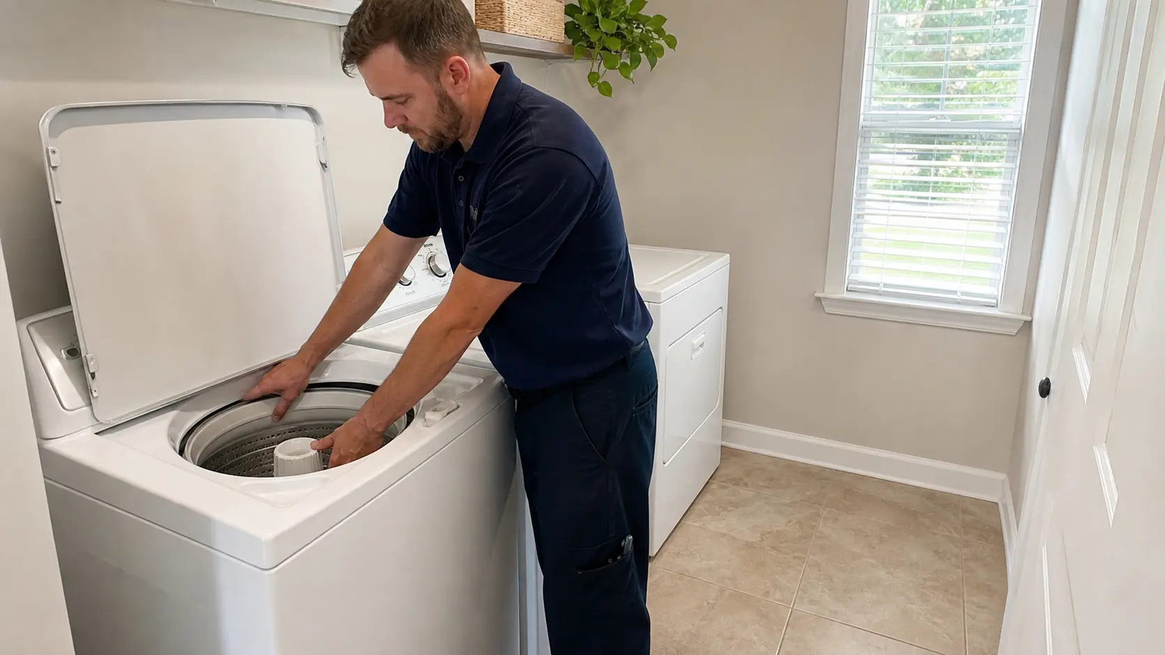Technician checking the wash basket on an older top-load washer in a clean Tampa laundry room