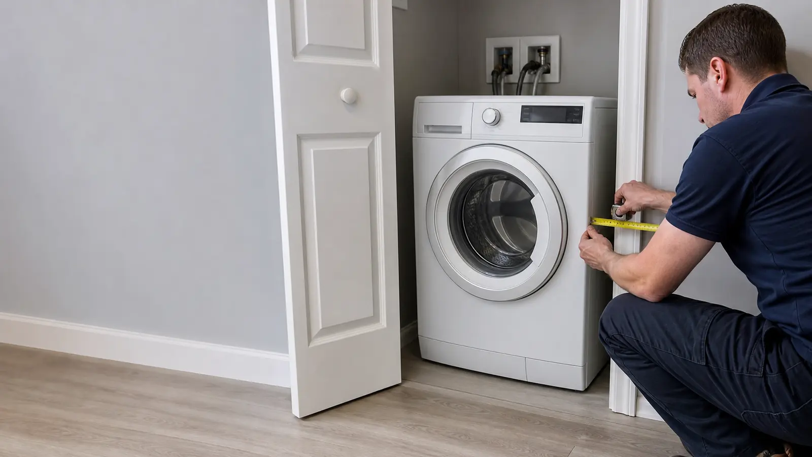 Technician measuring side clearance beside an older compact washer-dryer combo in a Tampa condo