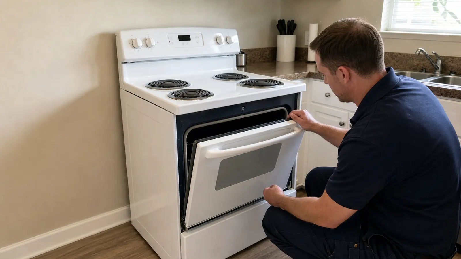 Technician checking the oven door gasket on an older white electric range in a Tampa rental kitchen