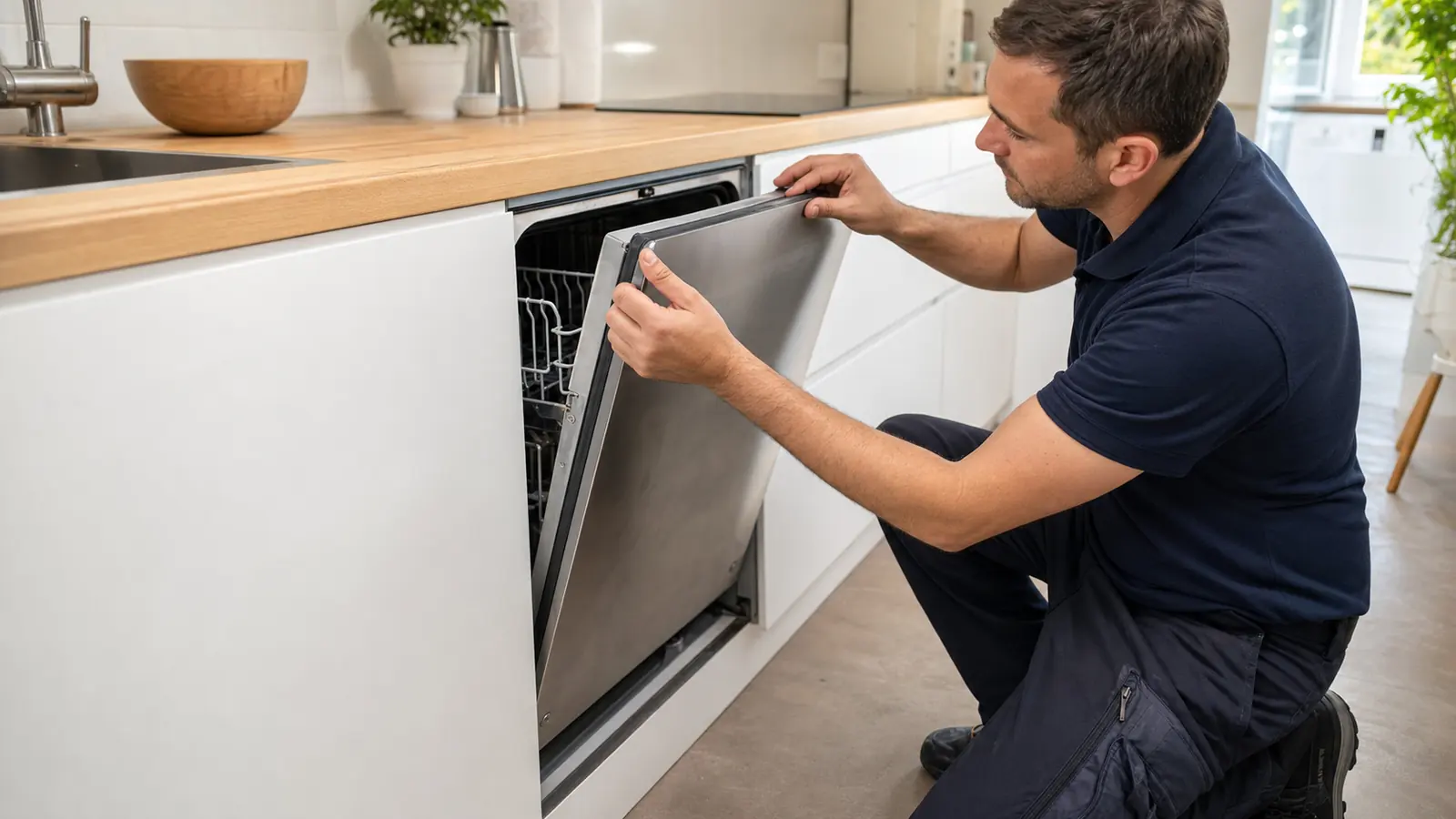 Technician checking door alignment on an older built-in dishwasher in a white IKEA-style Tampa kitchen