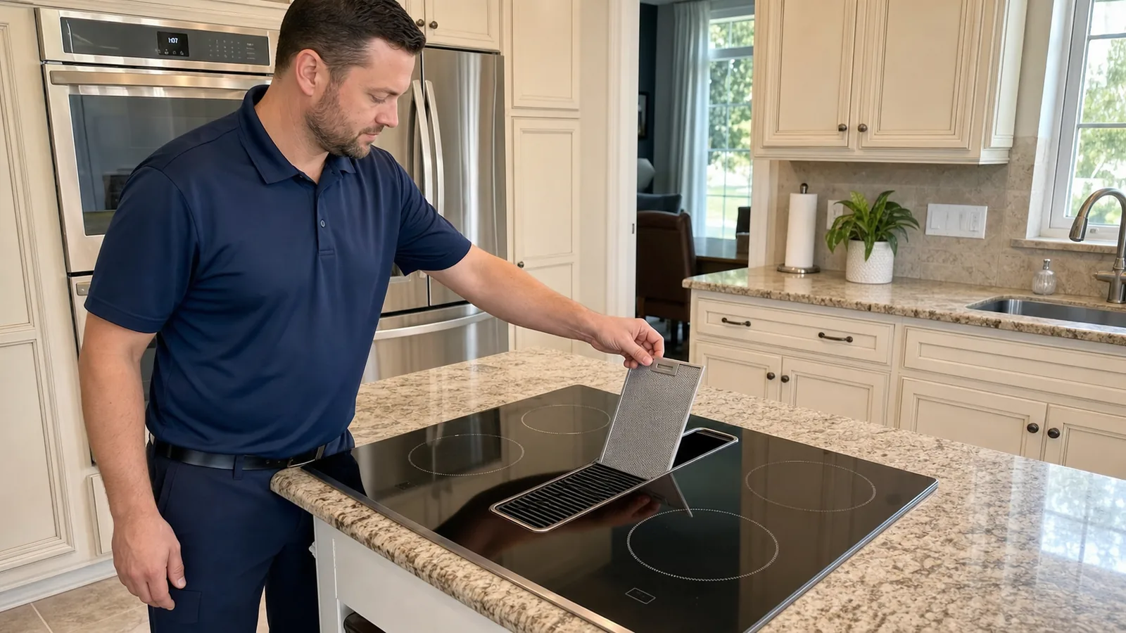 Technician checking the grease filter on an older downdraft cooktop in a Tampa kitchen