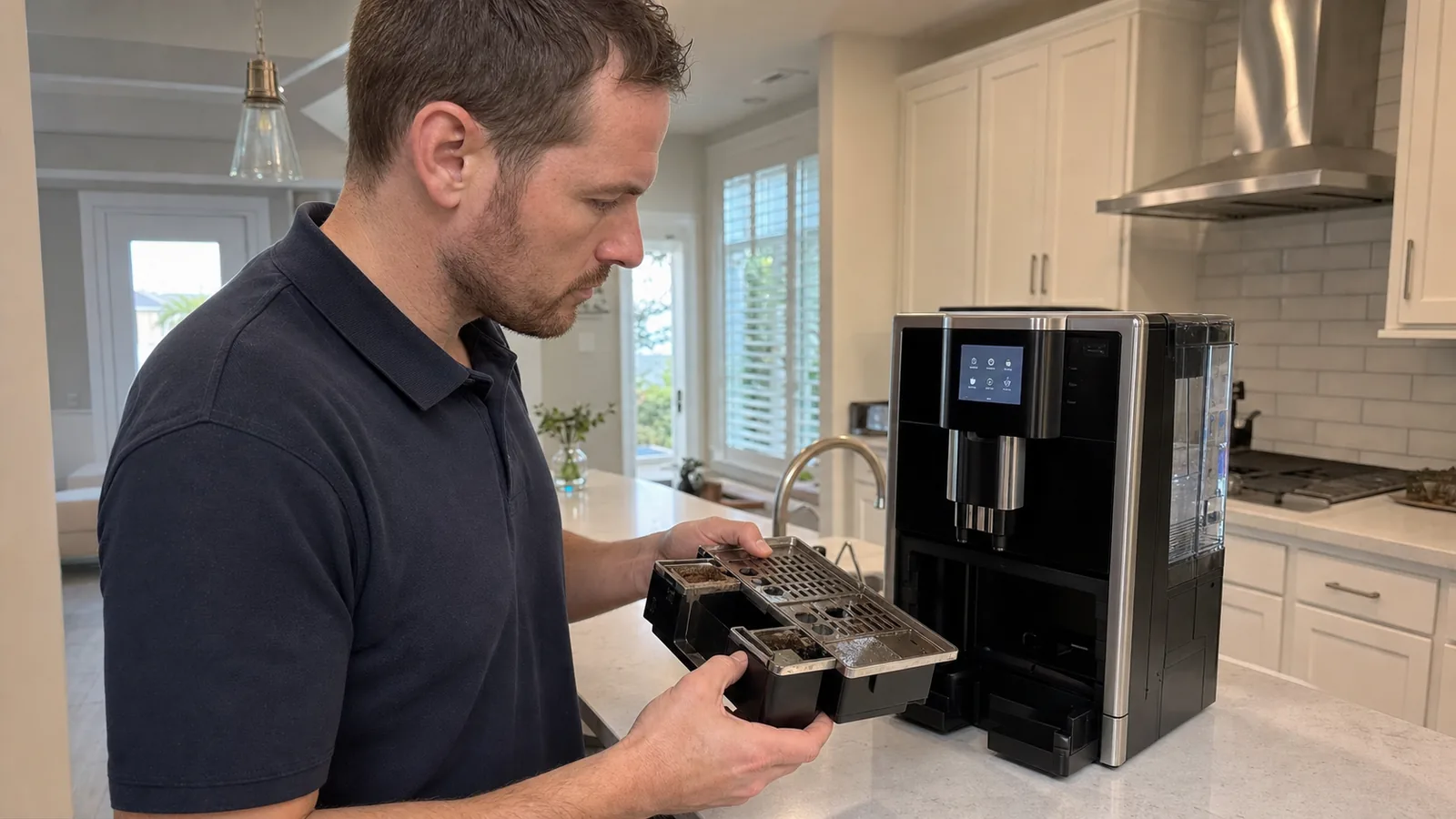 Technician inspecting the drip tray and grounds container of a home automatic coffee machine in Tampa