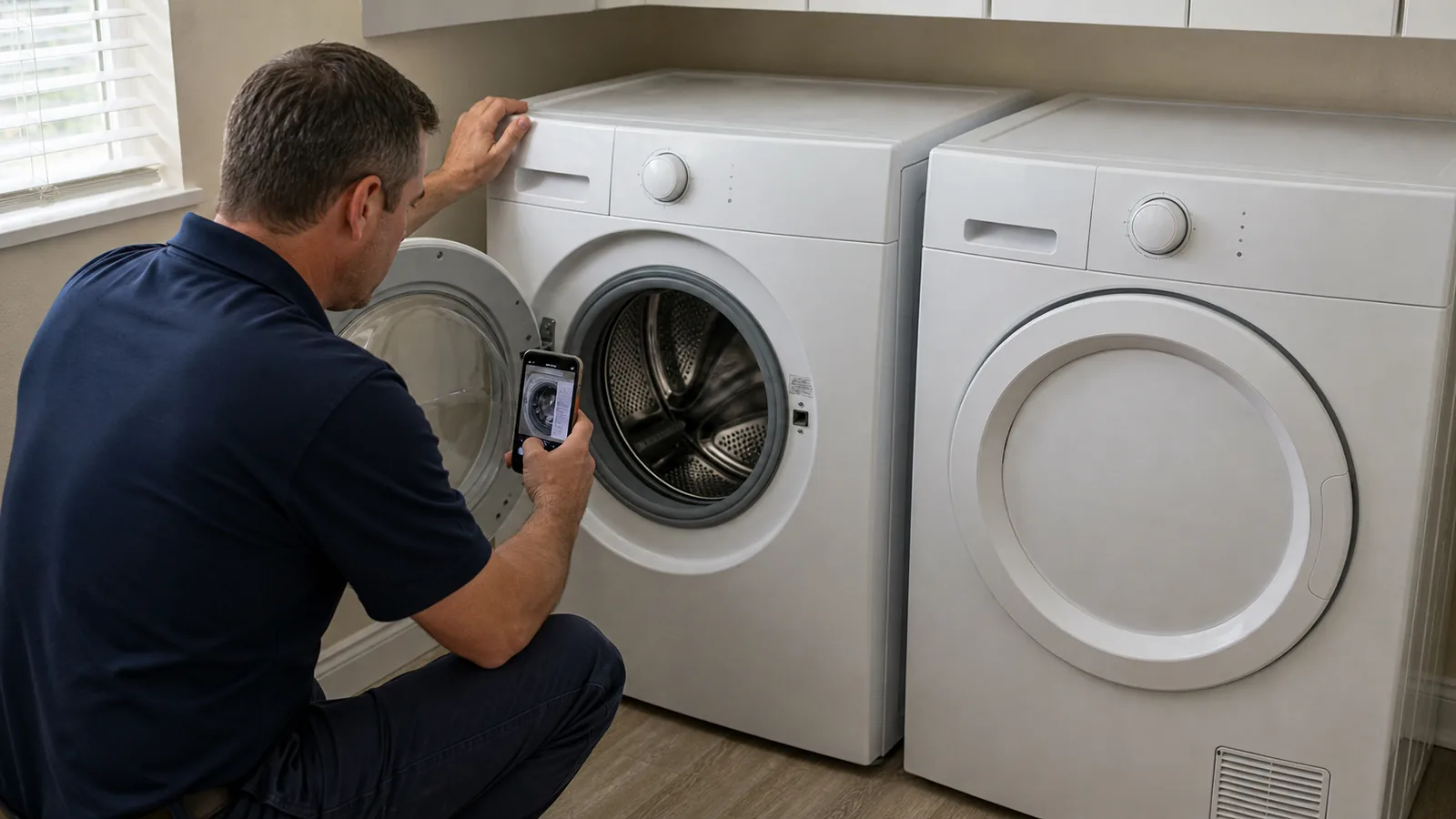 Technician photographing the model label on an older front-load washer beside a matching dryer in Tampa