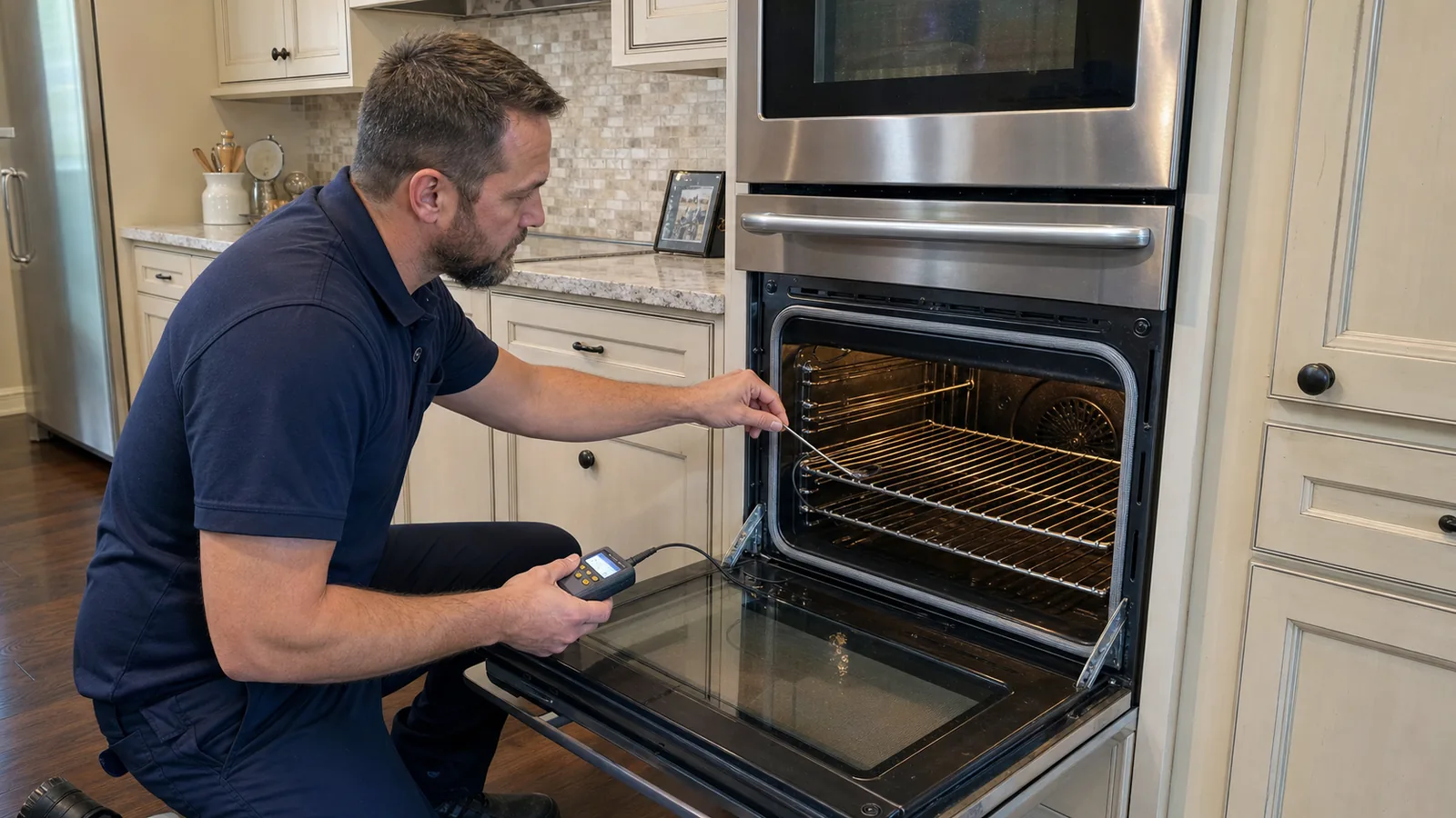 Technician checking temperature inside an older built-in wall oven in a Tampa kitchen