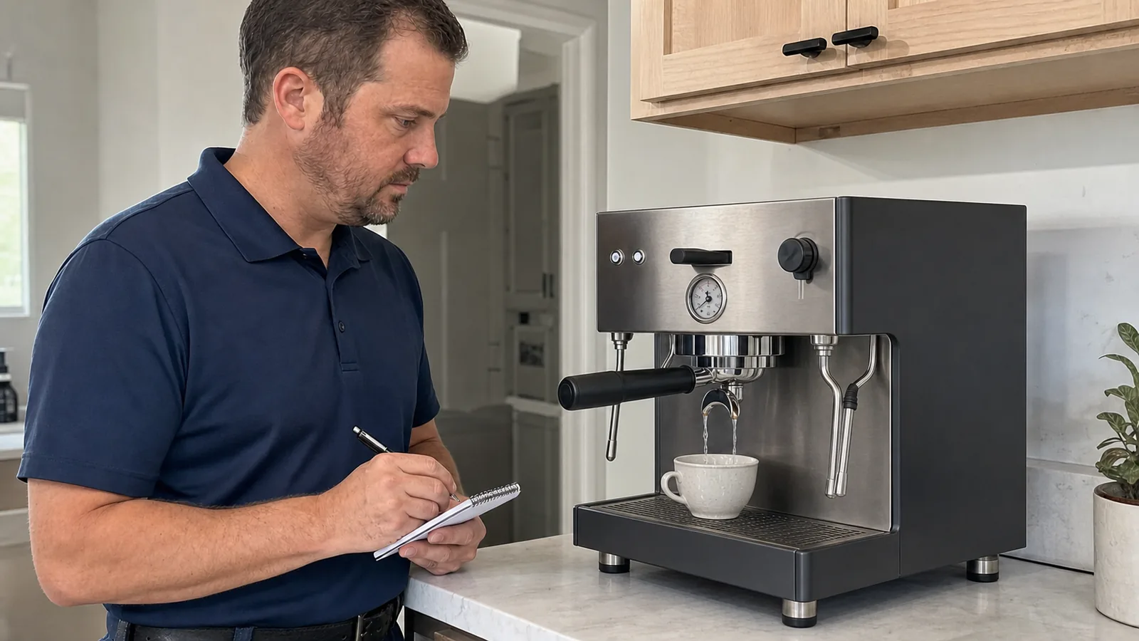 Technician recording a pressure and water-flow check on a one-group espresso machine in Tampa