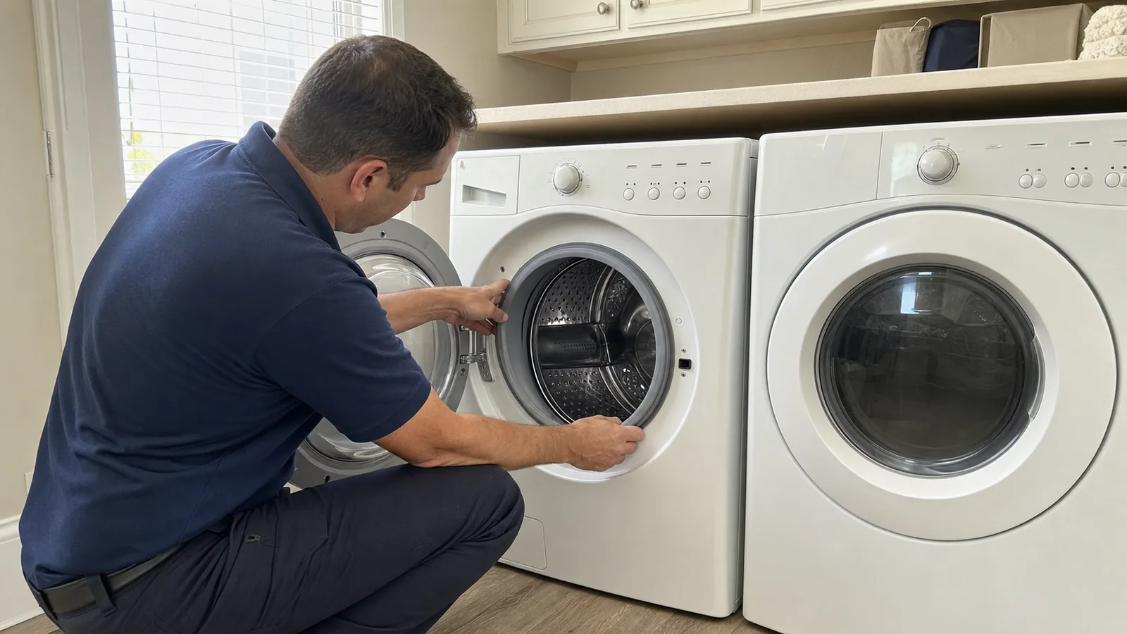 Technician checking the door gasket on an older front-load washer beside a matching dryer in Tampa