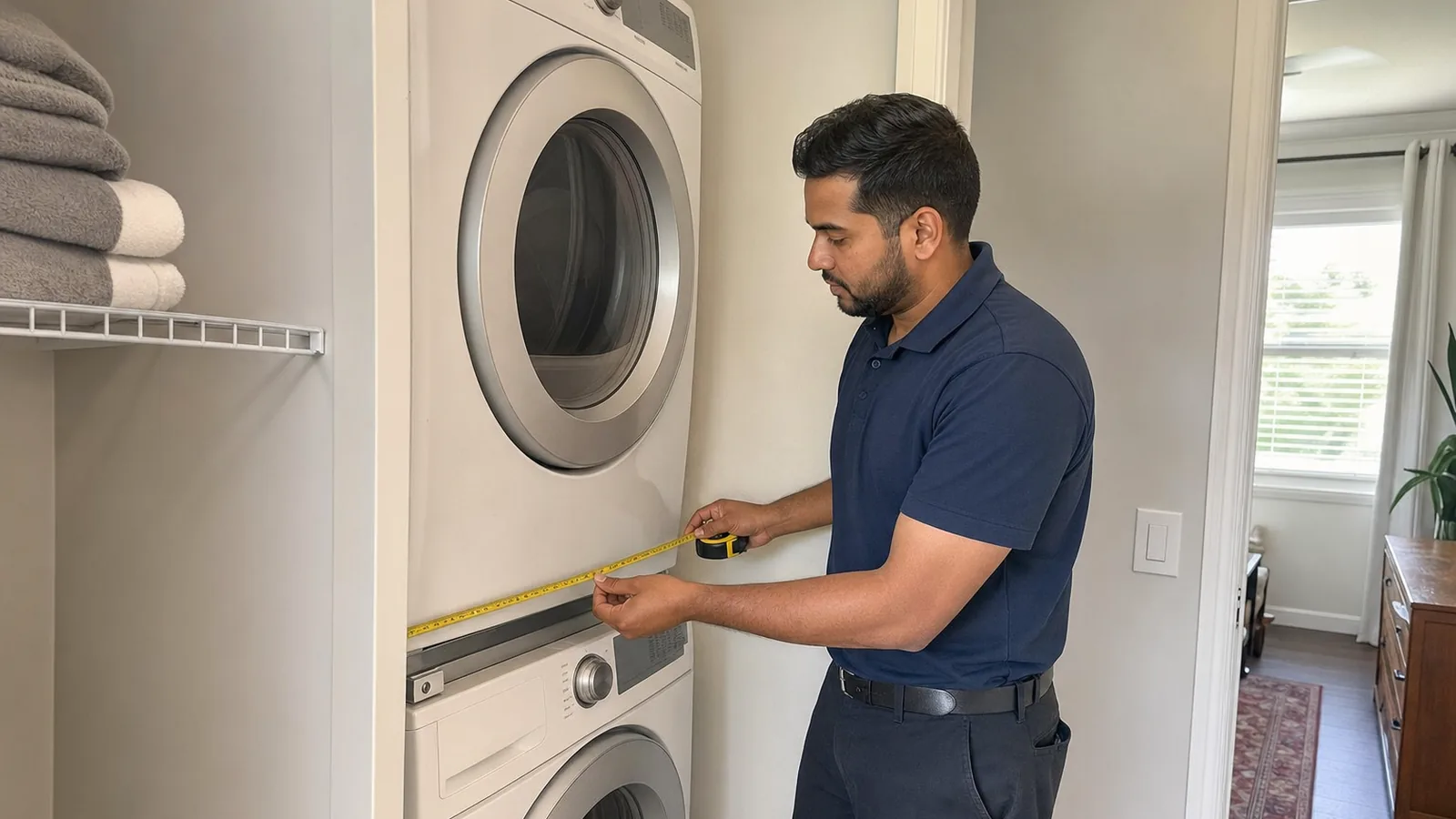 Max Appliance Repair technician checking stacked laundry clearance in Lutz
