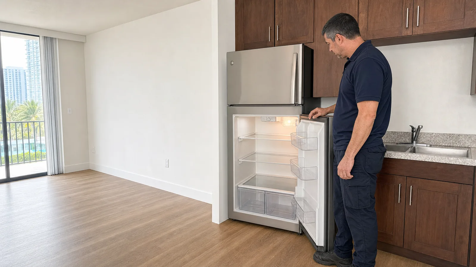 Technician inspecting an older narrow top-freezer refrigerator in a Tampa condo kitchen