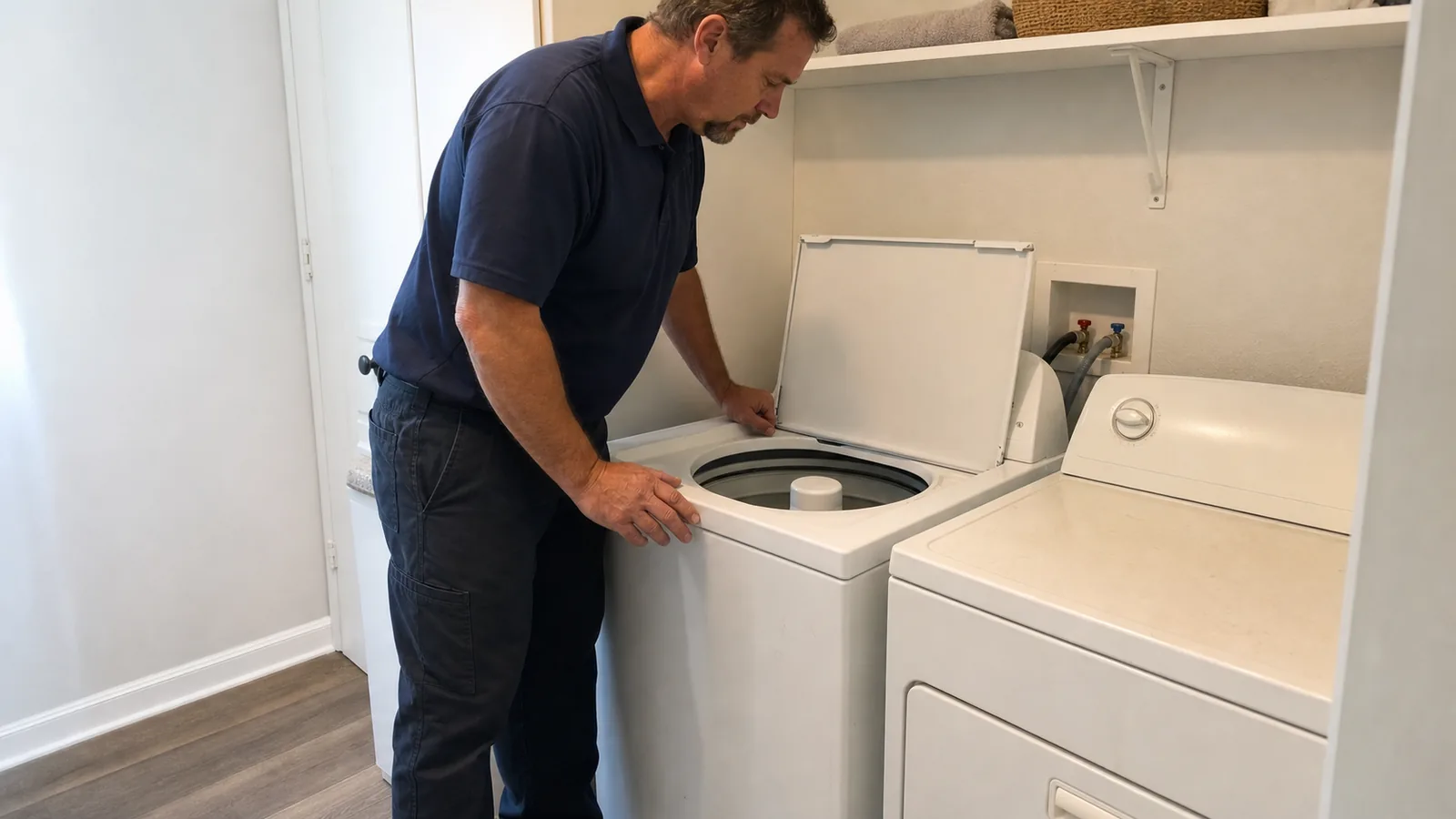 Technician inspecting the basket of an older top-load washer beside a dryer in Tampa