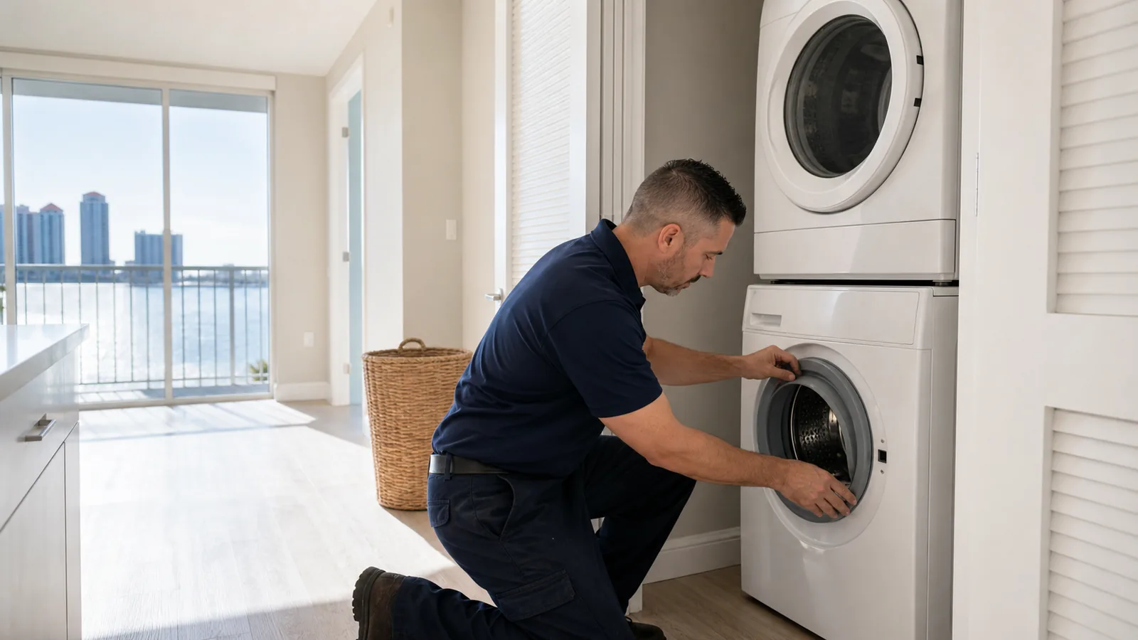 Technician inspecting an older compact stacked washer and ventless dryer in a Tampa condo