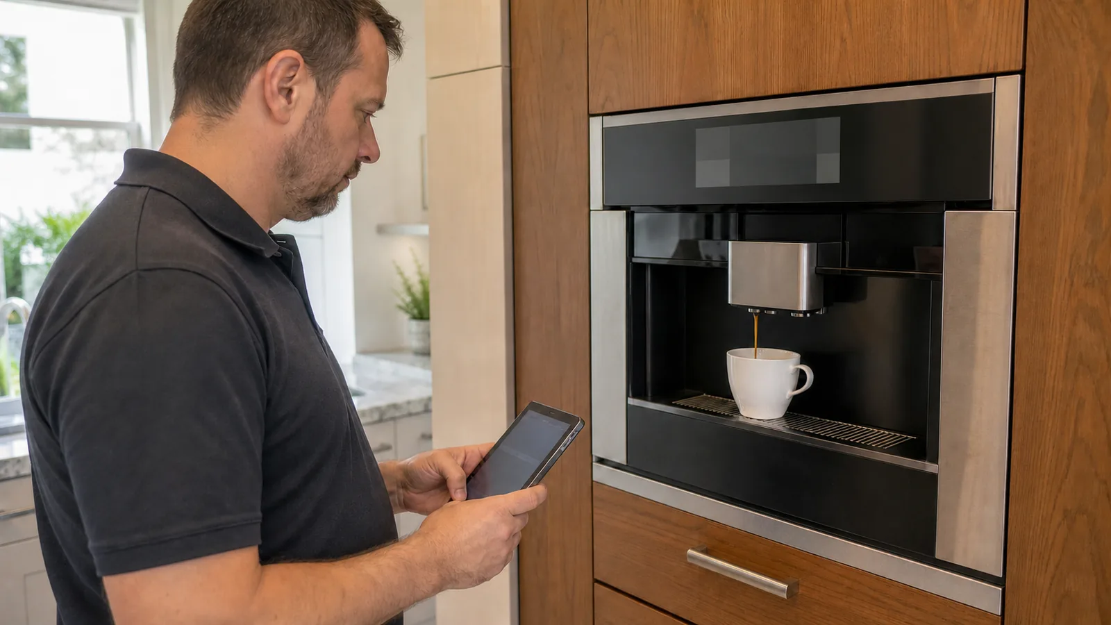 Technician observing a test brew from a built-in coffee machine in a Tampa kitchen