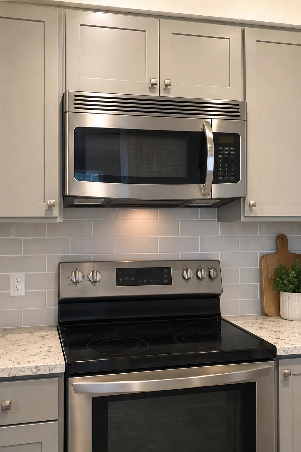 Stainless over-the-range microwave installed above an electric range in a Tampa Bay kitchen