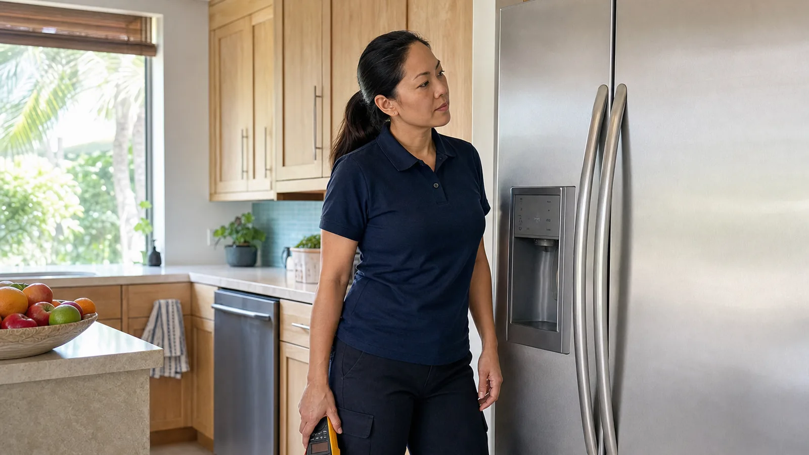 Max Appliance Repair technician inspecting a refrigerator in Palm Harbor