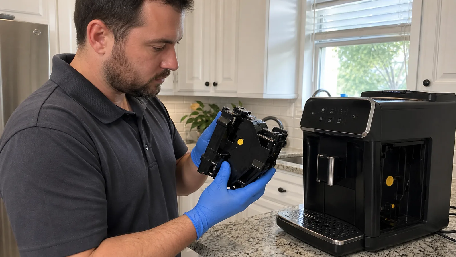 Technician inspecting a removable brew group beside an automatic espresso machine in Tampa