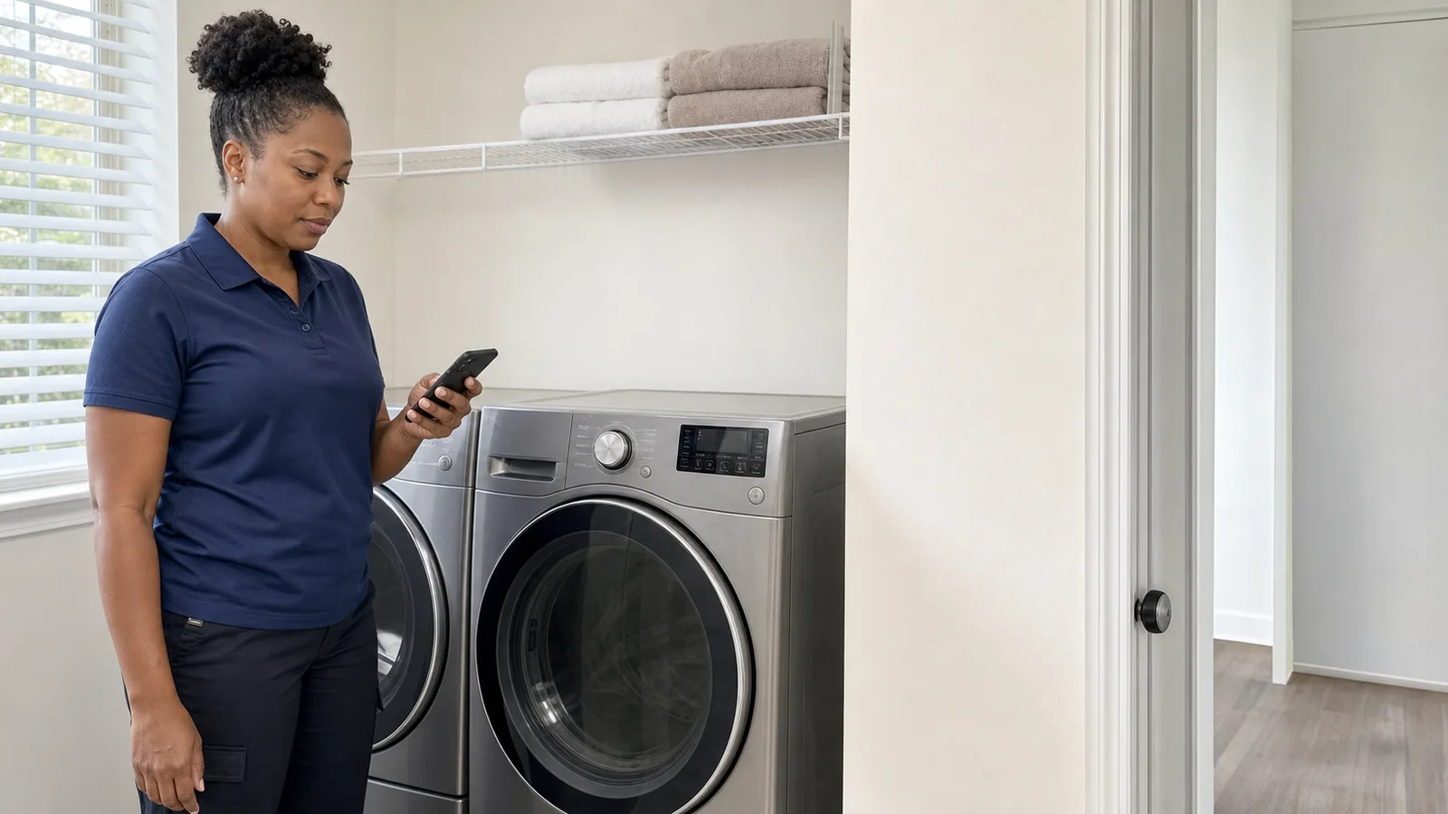 Max Appliance Repair technician beside laundry appliances in Riverview