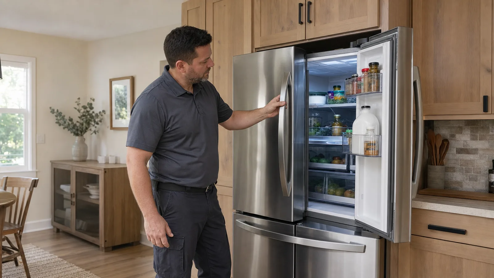 Technician checking the door alignment of an older French-door refrigerator in a Tampa kitchen