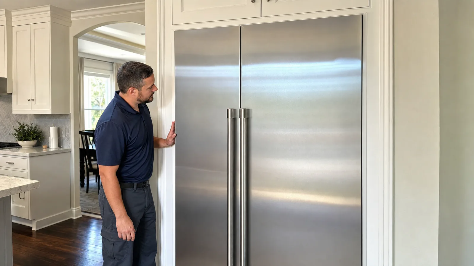Technician checking the alignment of an older built-in refrigerator in a Tampa kitchen