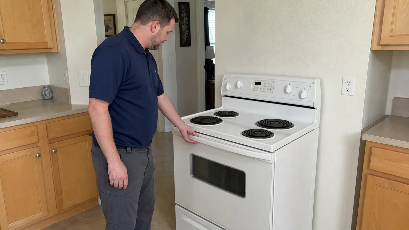 Technician checking the door alignment of an older coil-top electric range in a Tampa kitchen