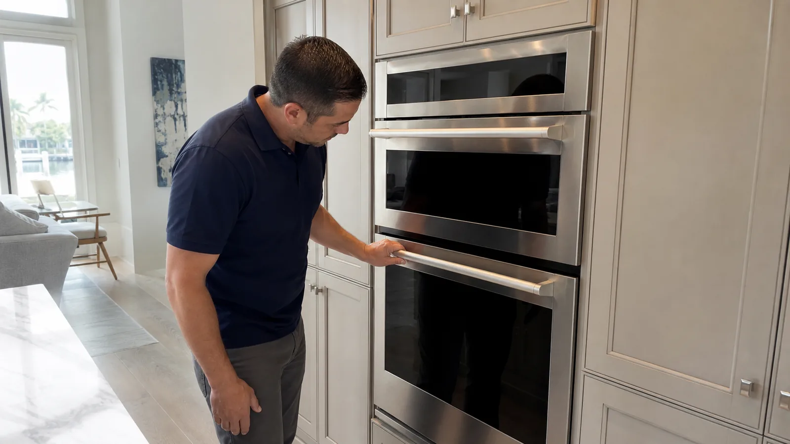 Technician checking the alignment of an older built-in double wall oven in a Tampa kitchen