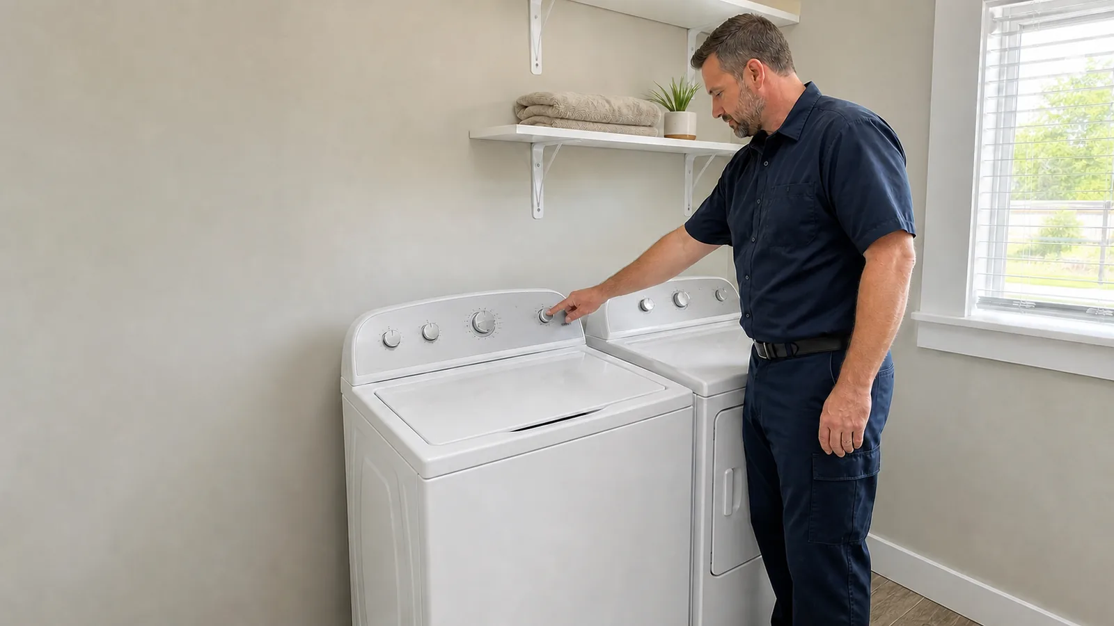 Technician checking an older top-load washer and matching dryer in a clean Tampa laundry room
