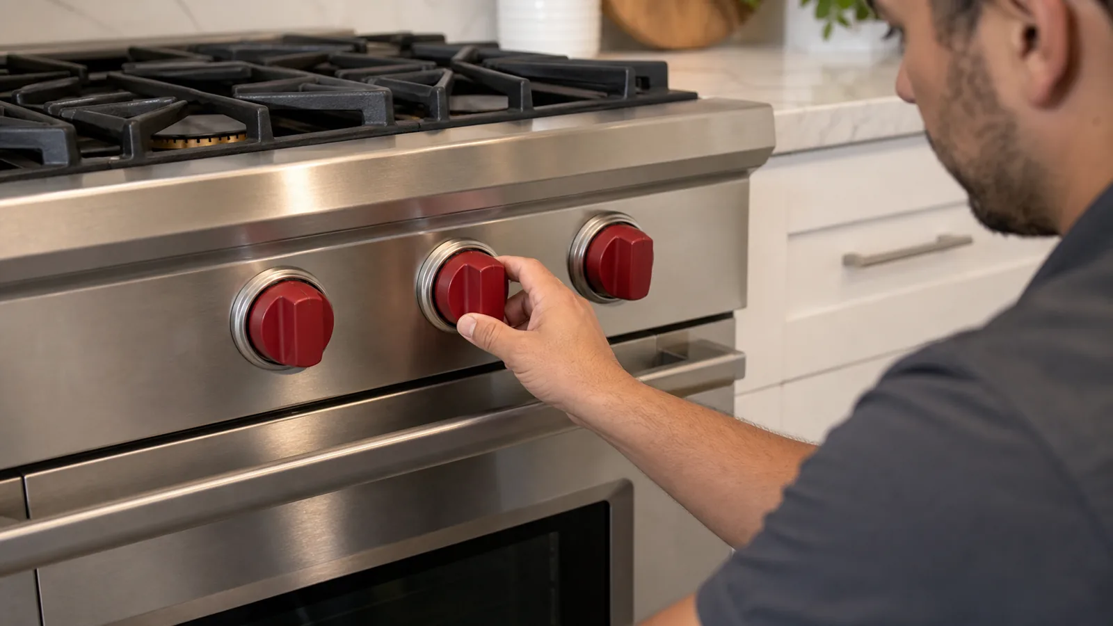 Technician checking red range controls on an older professional-style cooking appliance in Tampa
