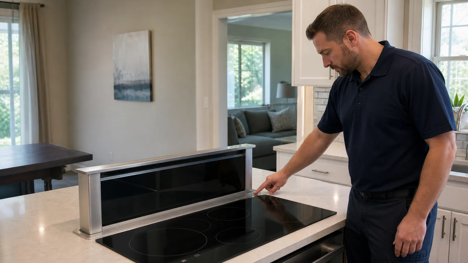 Technician testing a raised downdraft kitchen ventilation system in a Tampa home